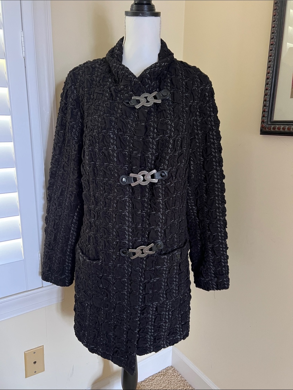 Samuel Dong Black Textured Toggle Pea Coat